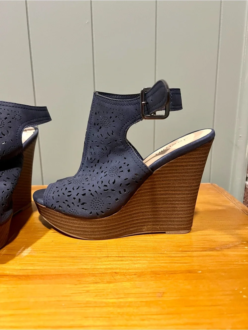 Jasmine Navy Laser-Cut Peep-Toe Wedge Sandals with Ankle Buckle